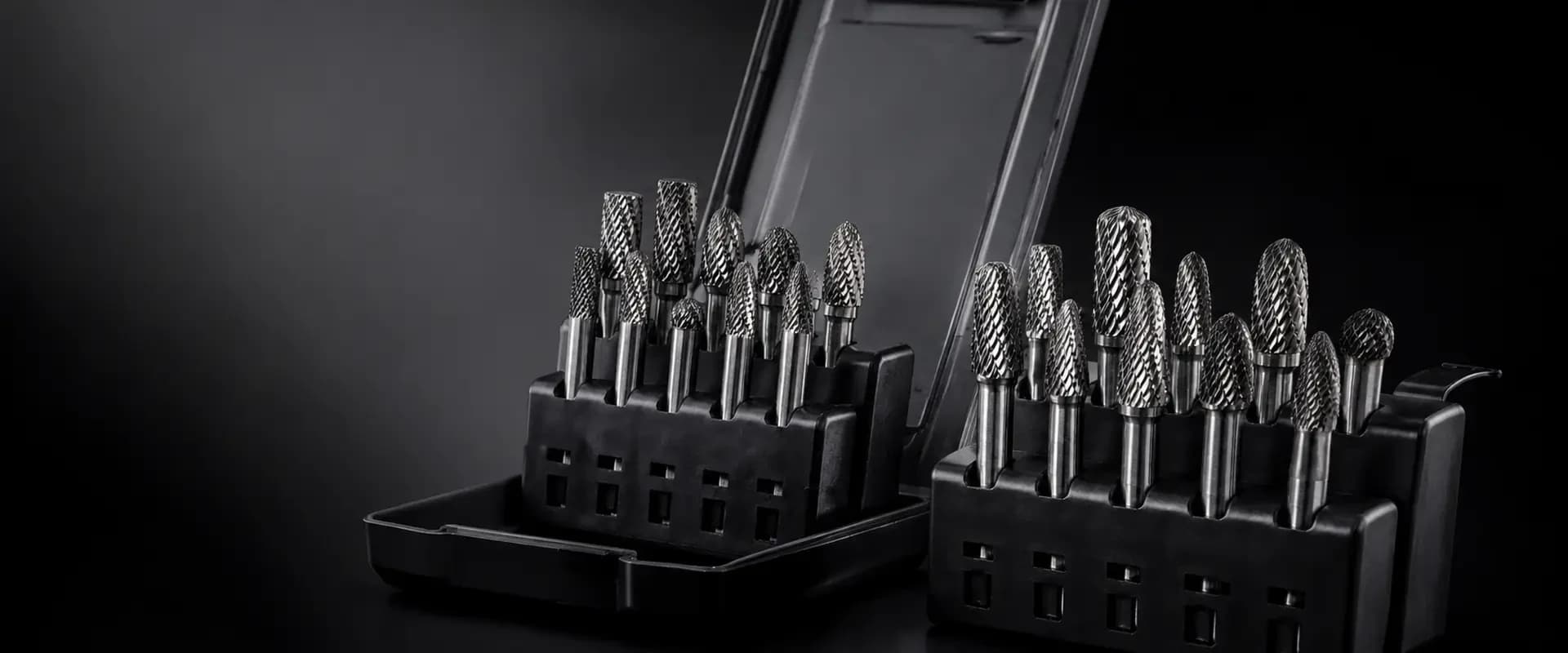 Tungsten carbide burr shape range arranged in industrial storage cases