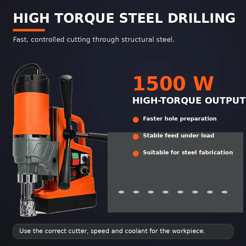 Magnetic drilling application on a steel workpiece