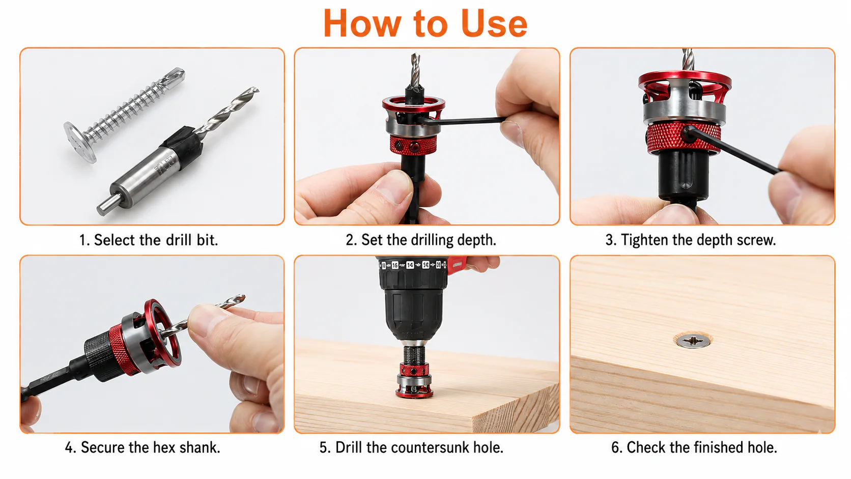 Six-step adjustable-depth countersink setup and use