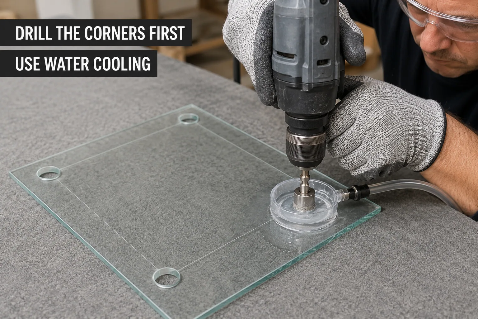 Water-cooled drilling at glass cutout corners