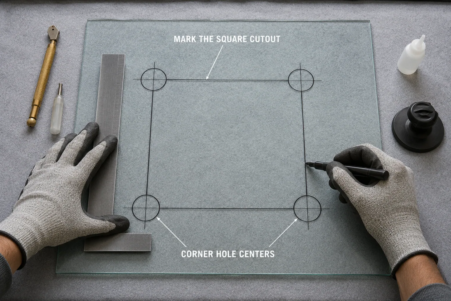 Glass cutout layout with marked cutting lines and corner centers