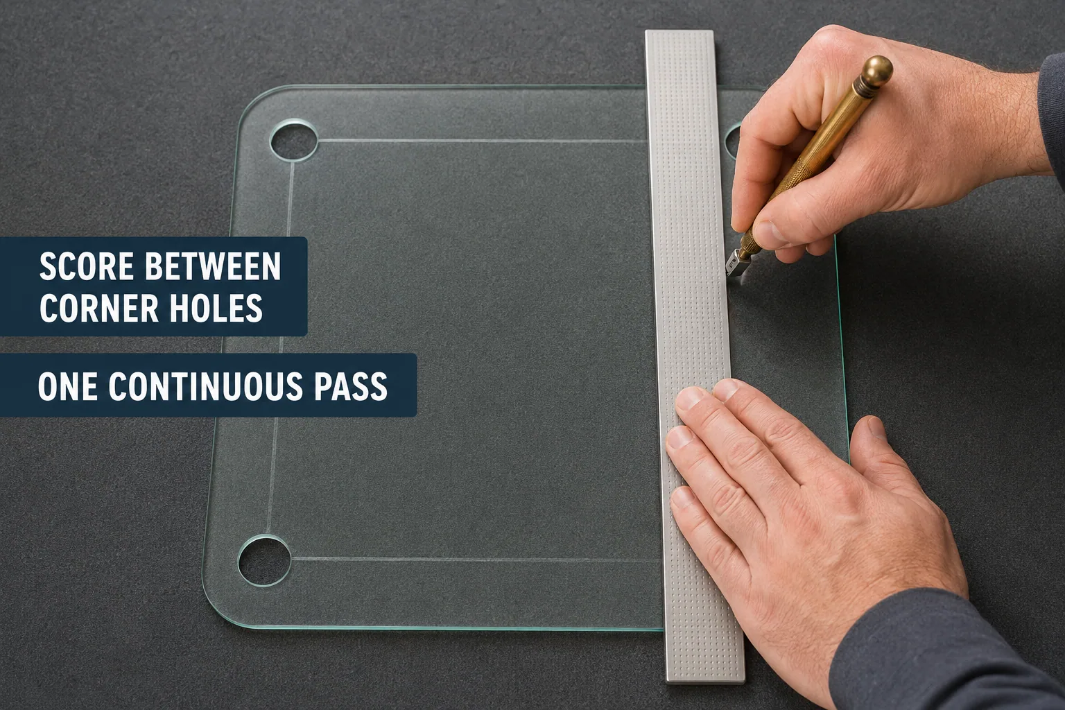Controlled continuous glass scoring pass along a straightedge