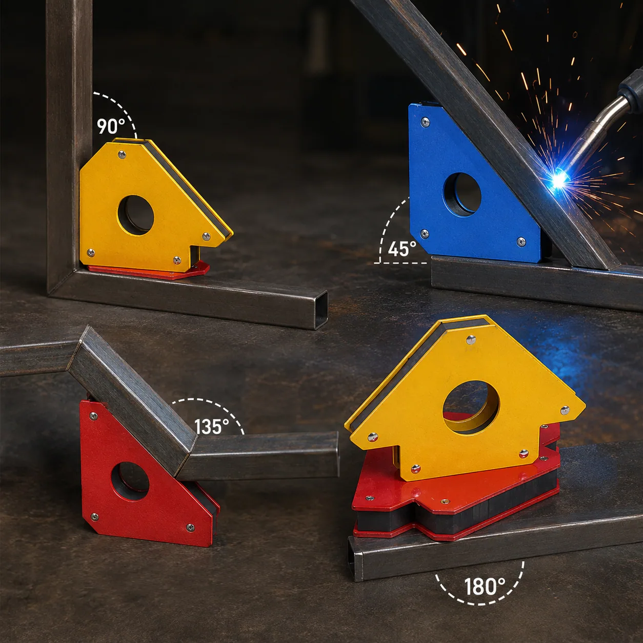 Multiple welding magnets holding steel joints