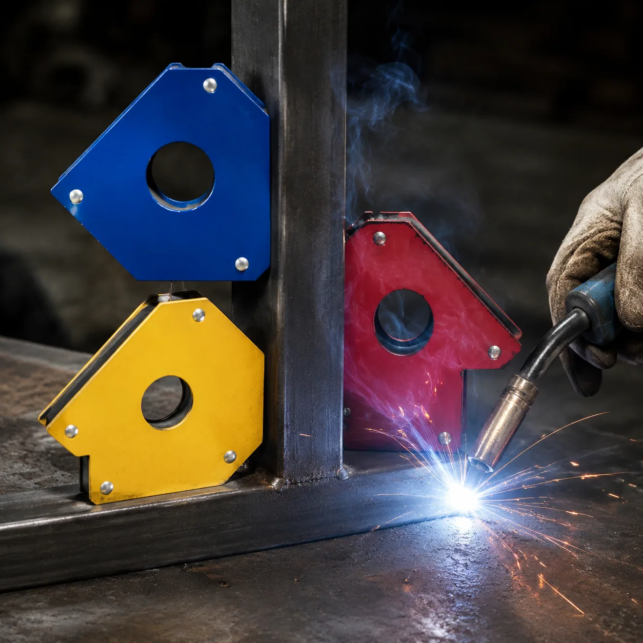 Magnetic welding squares holding a welded joint
