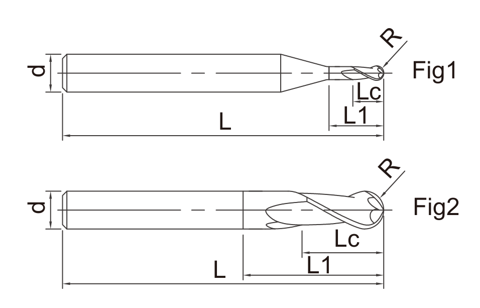 NB NBH NBI Solid Carbide Ball Nose End Mills catalog dimension drawing