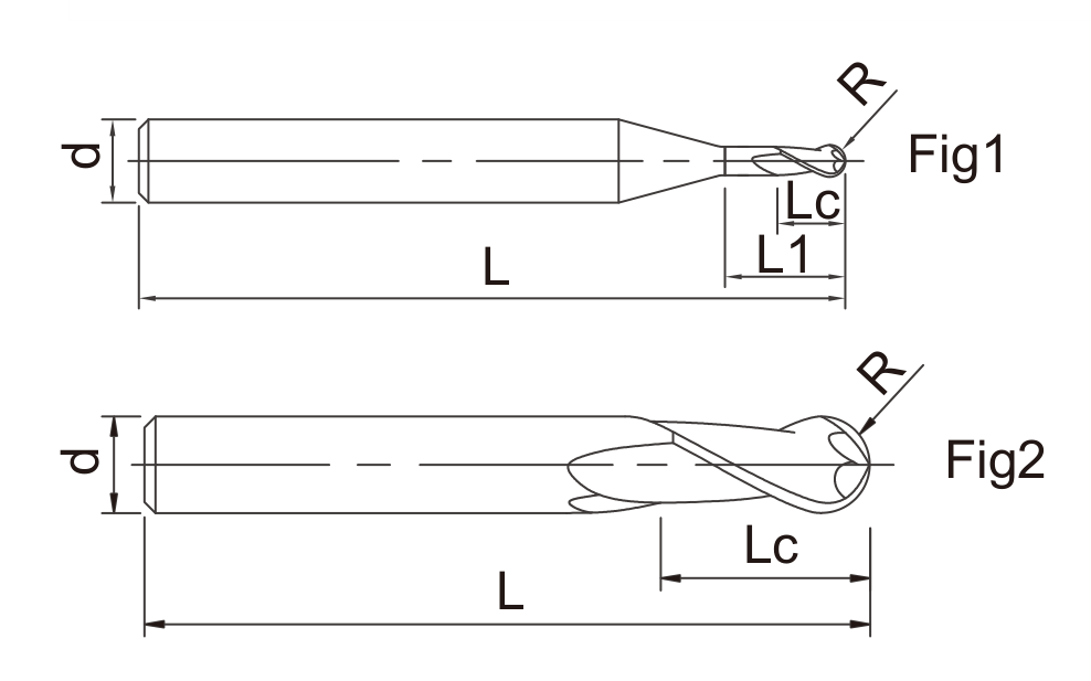 HB Solid Carbide Ball Nose End Mills catalog dimension drawing