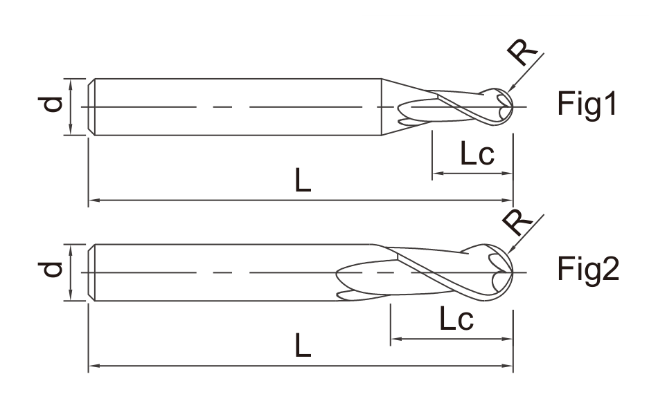 DB Solid Carbide Ball Nose End Mills catalog dimension drawing
