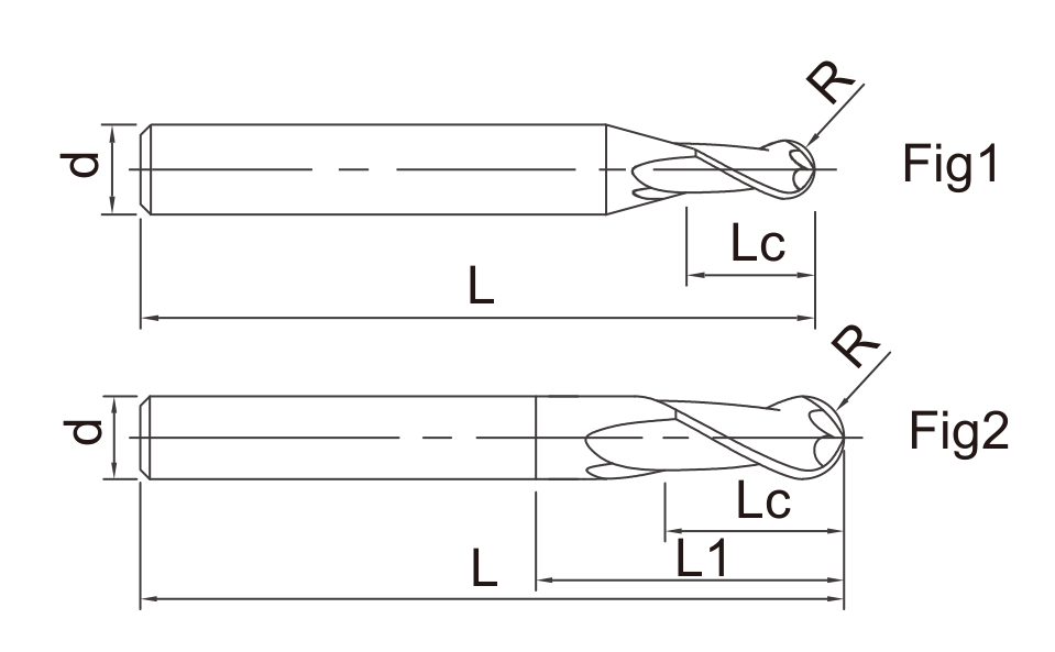 EB Solid Carbide Ball Nose End Mills catalog dimension drawing