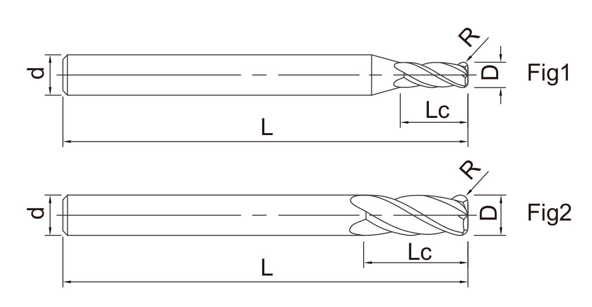 HRBXH HRBXI Long Shank Corner Radius End Mills catalog dimension drawing