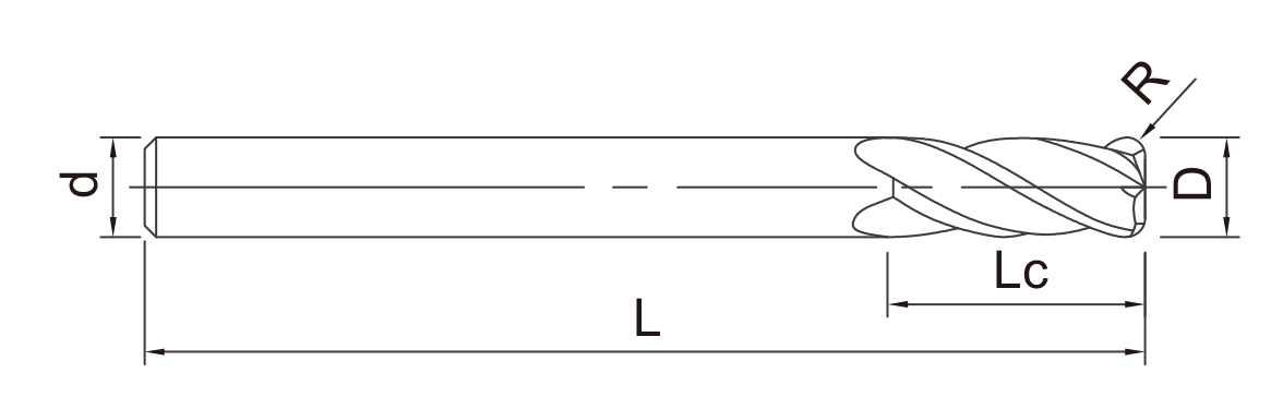 HRBXJ Long Shank Corner Radius End Mills catalog dimension drawing