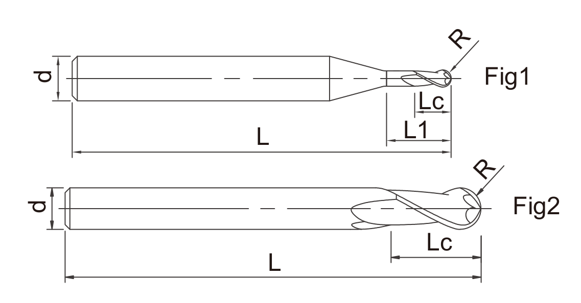 HBXH HBXI HBXJ Long Shank Ball Nose End Mills catalog dimension drawing