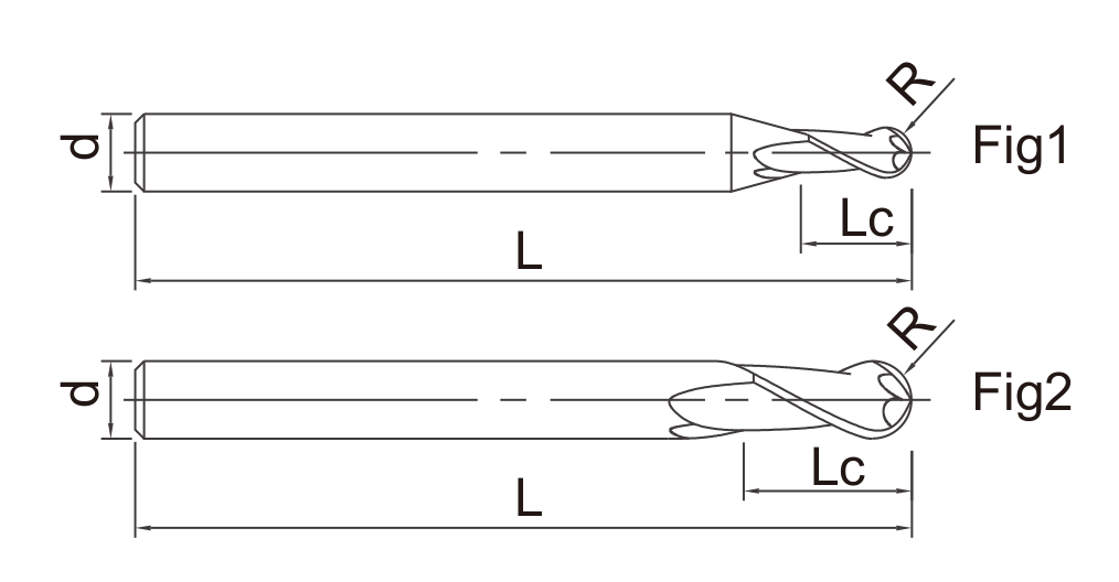 DBH DBI DBJ Long Shank Ball Nose End Mills catalog dimension drawing