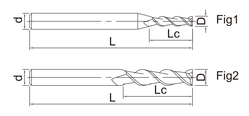 AE End Mills for Aluminium catalog dimension drawing