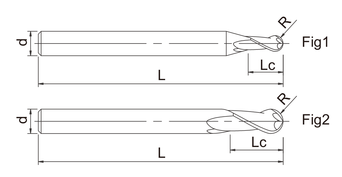KB Ball Nose End Mills for Titanium catalog dimension drawing
