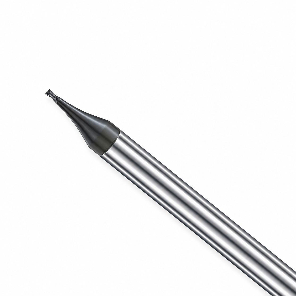 Close view of the square cutting end and transition on a micro end mill