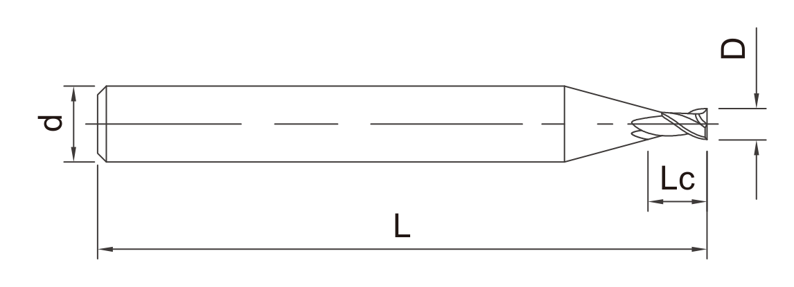 NES micro end mill dimension drawing showing D, Lc, d and L