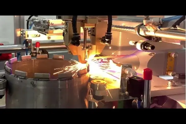 Diamond core drill bit segments undergoing welding process inspection