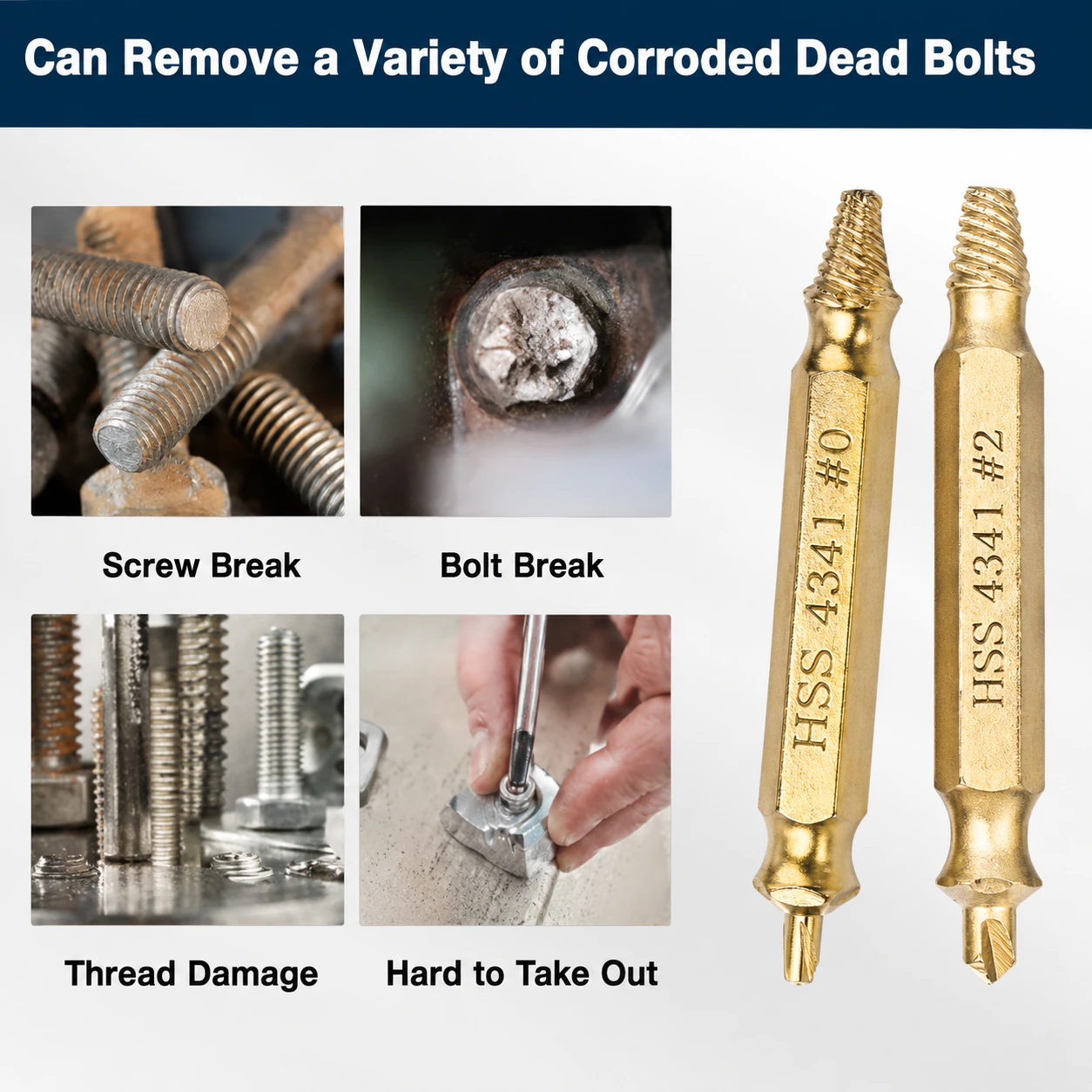 Damaged stripped screw extractor set for corroded and broken fasteners