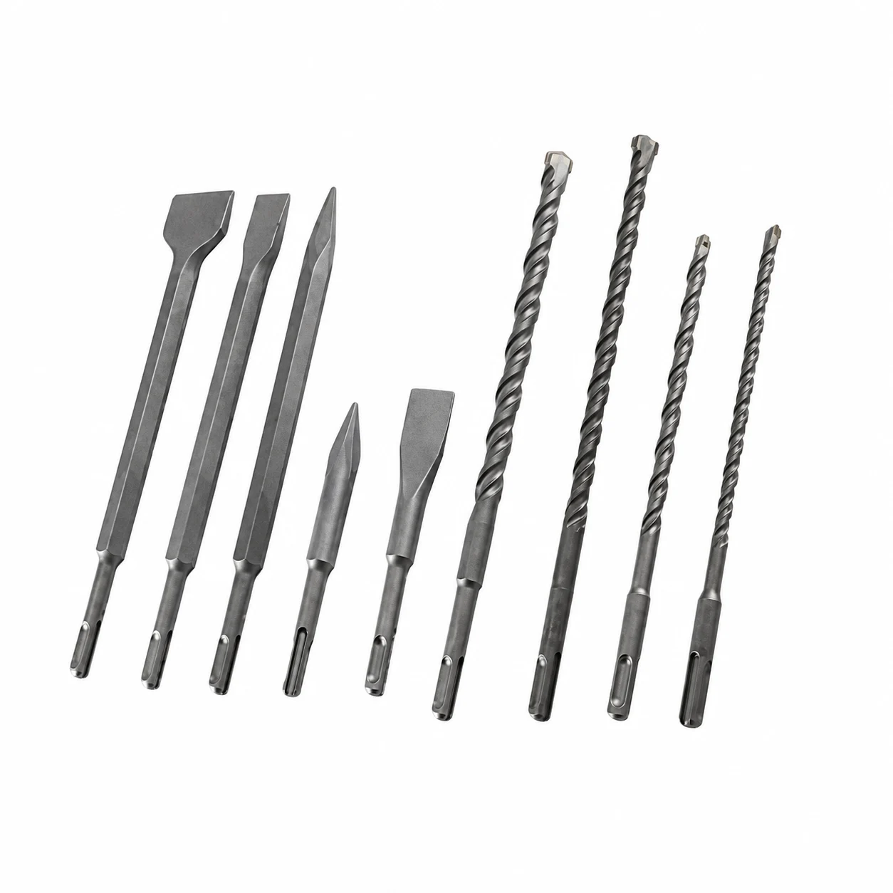 Cinceles SDS y accesorios de perforación helicoidales mostrados juntos