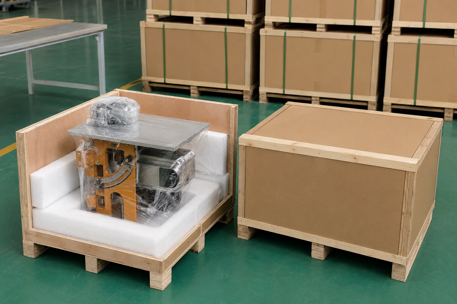 Table saw protected with foam and film inside an export plywood case