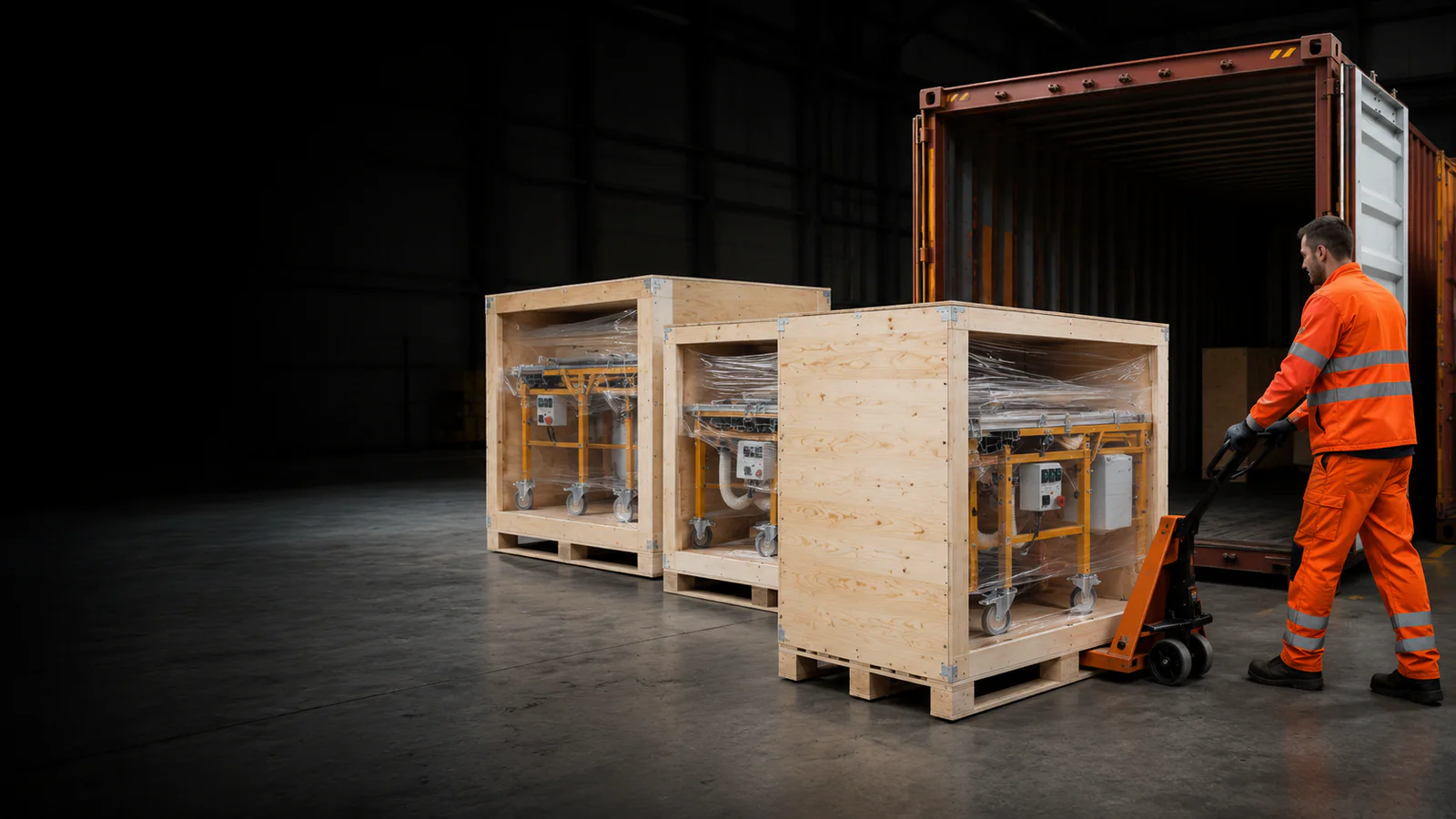 Table saw export plywood crates prepared for container loading