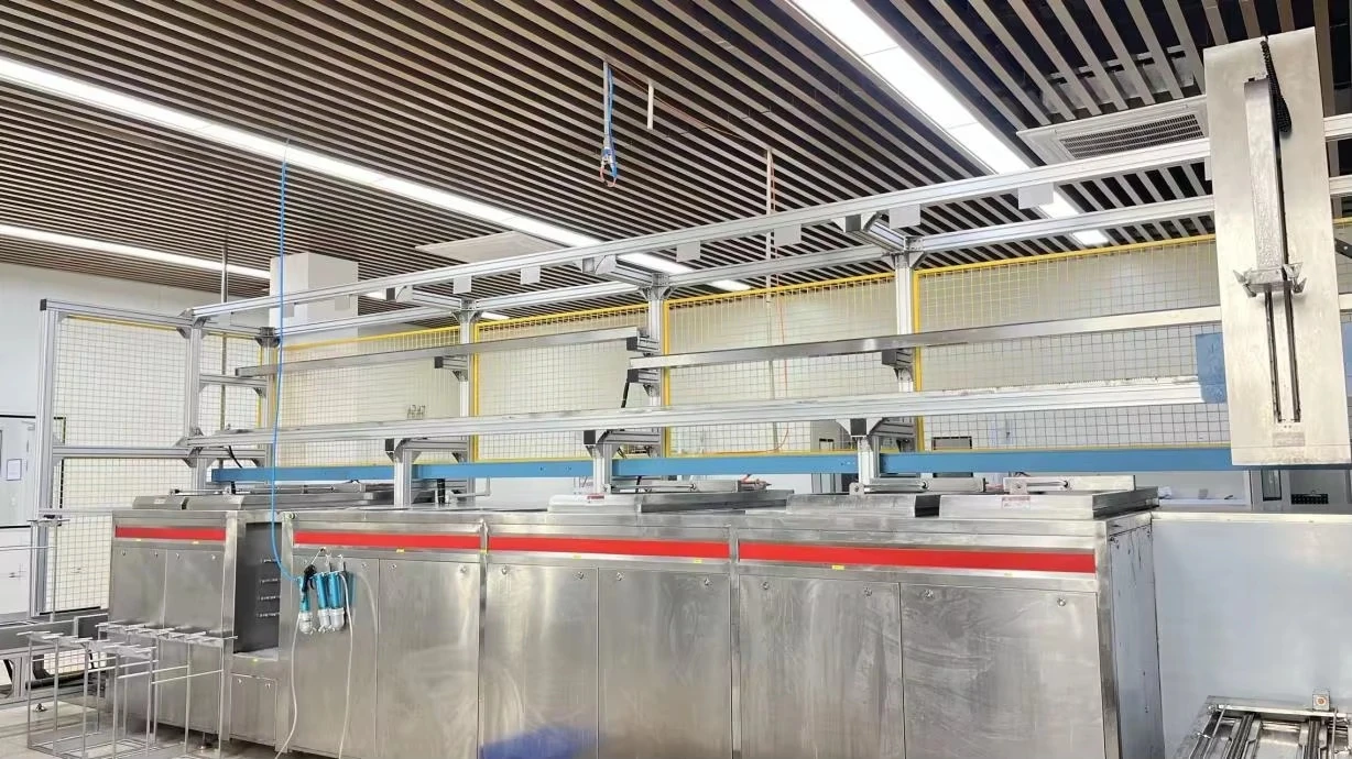 A multi-tank cleaning line in the tool production workshop — reference image for Long Shank Corner Radius End Mills
