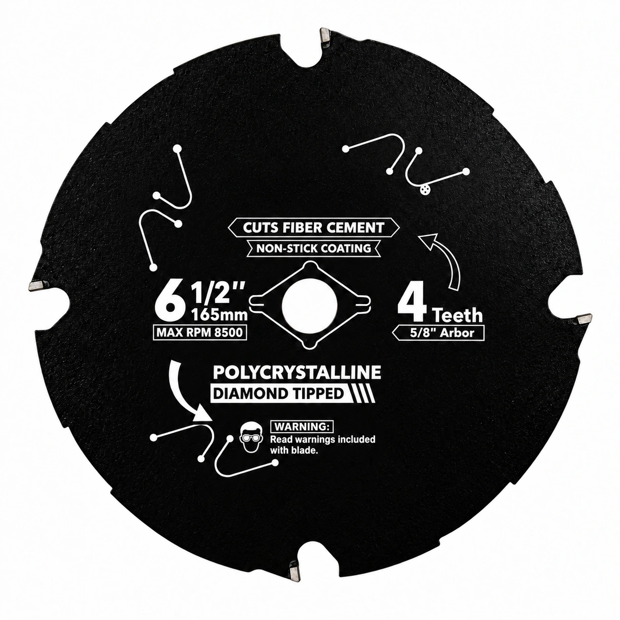 Black 165 mm 4-tooth PCD fiber cement saw blade with 5/8-inch arbor marking