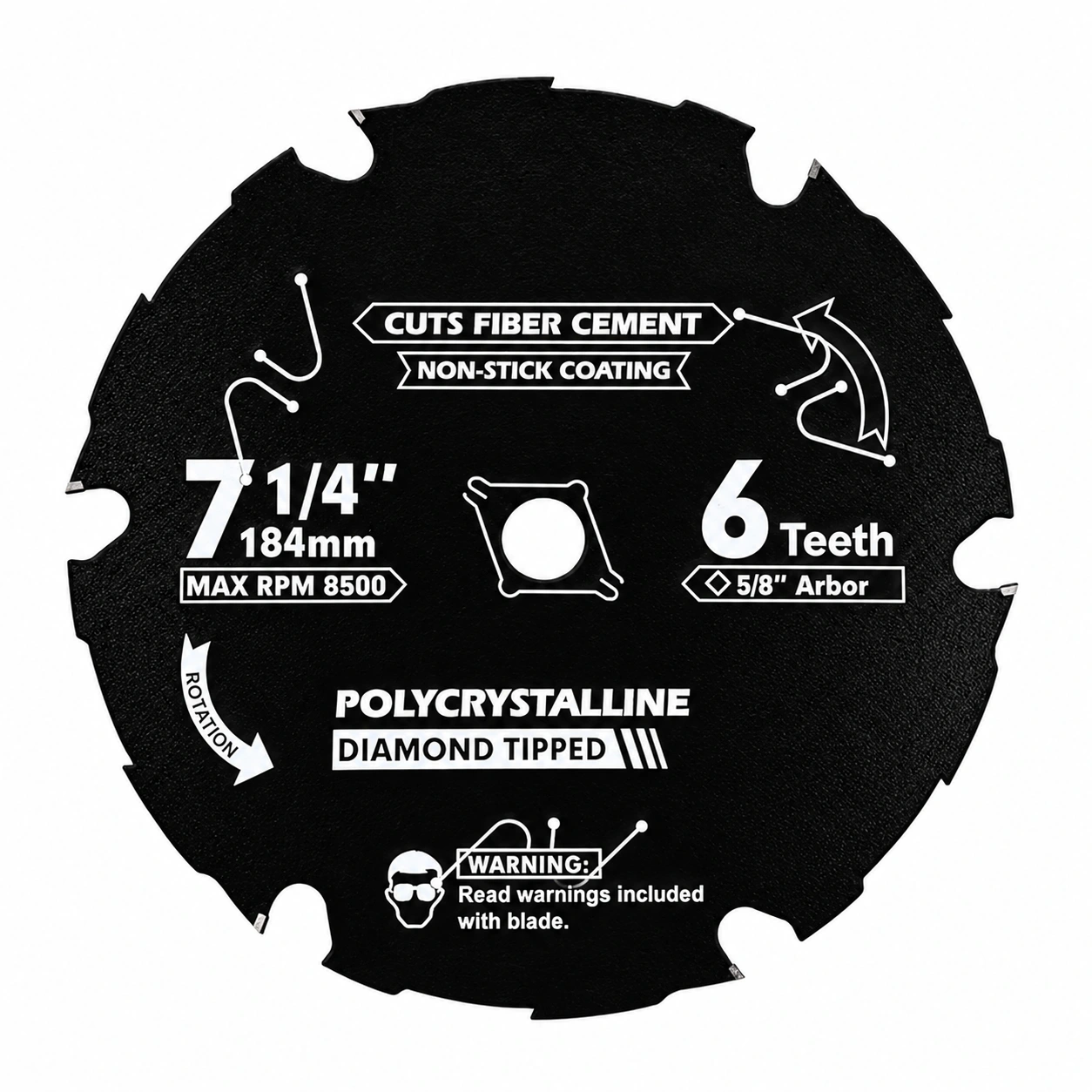 Black 184 mm 6-tooth PCD fiber cement saw blade with 5/8-inch arbor marking
