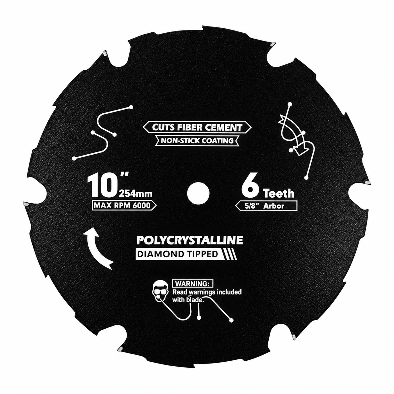 Black 254 mm 6-tooth PCD fiber cement saw blade with 5/8-inch arbor marking