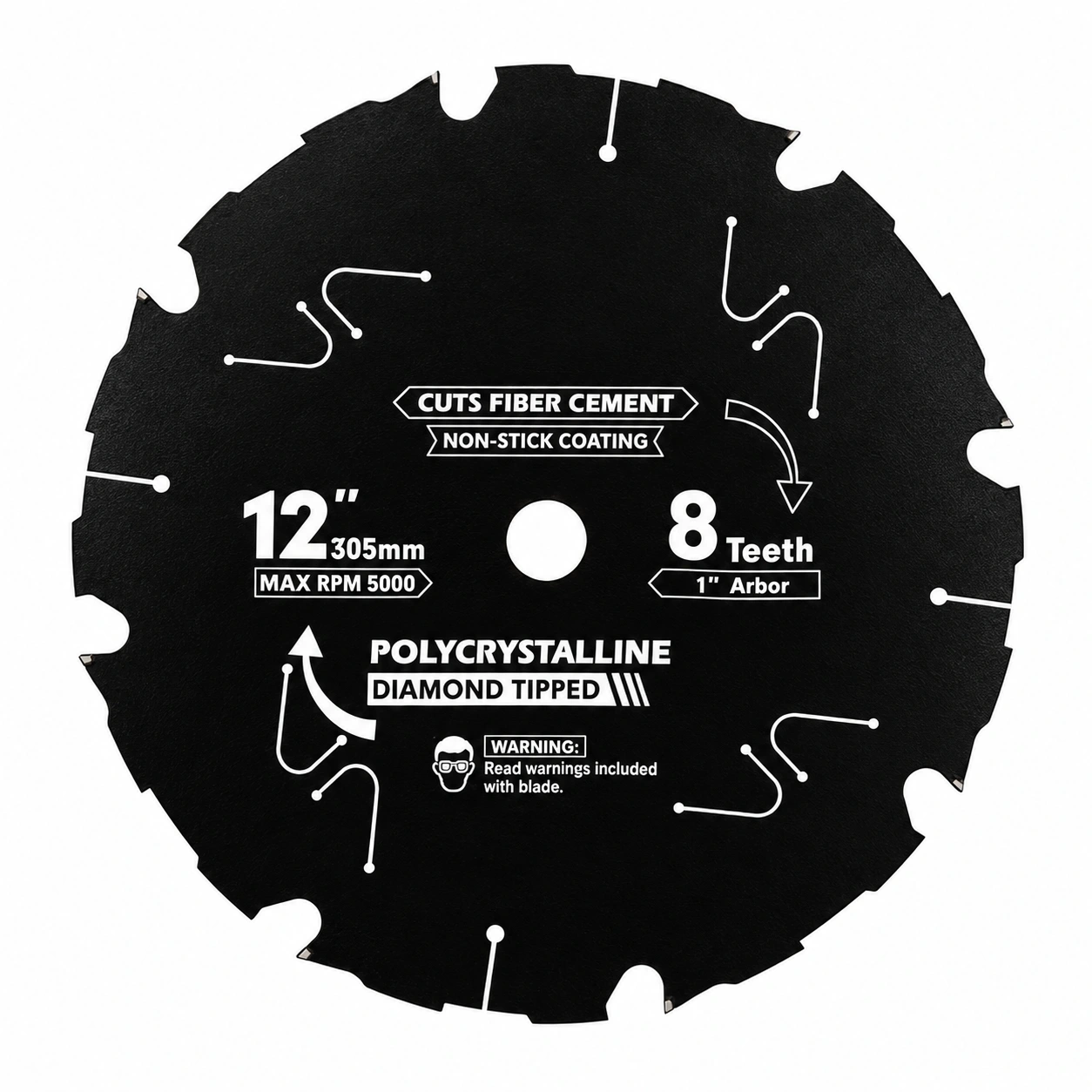 Black 305 mm 8-tooth PCD fiber cement saw blade with 1-inch arbor marking