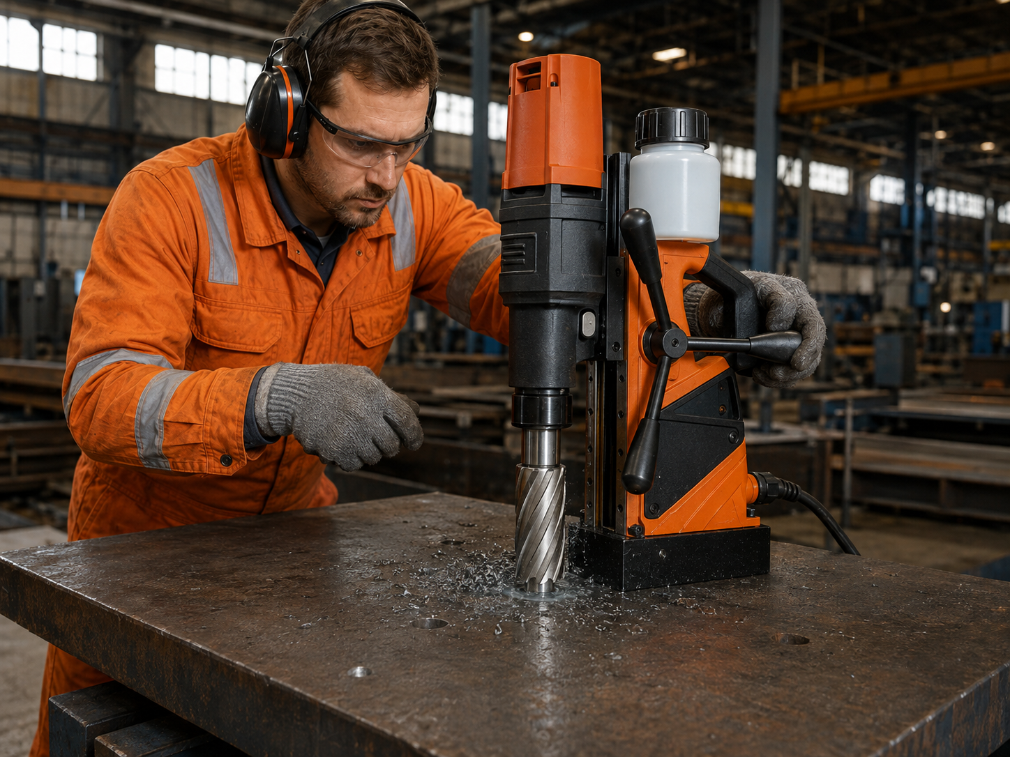 Annular Cutter Pilot Pins used with a magnetic drilling machine in a workshop