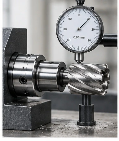 Dial indicator contacting an annular cutter in an arbor assembly; inspection-method illustration