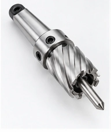 Annular cutter mounted in an arbor with the pilot pin projecting from the cutting end