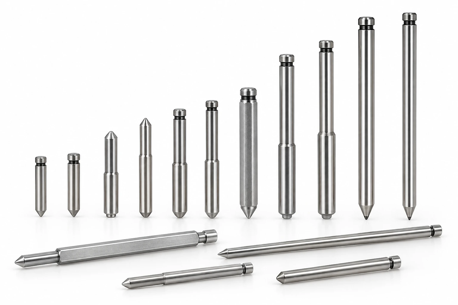Annular cutter pilot pins showing different lengths and end configurations for replacement identification