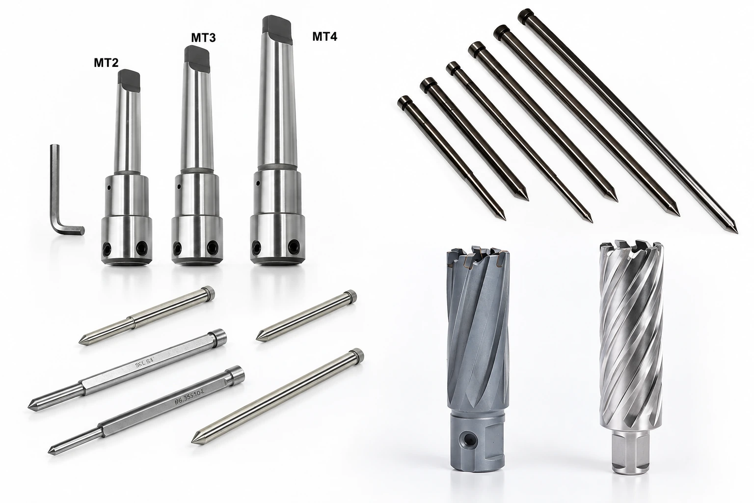 MT2, MT3 and MT4 arbors, pilot pins and annular cutters shown as separate system components