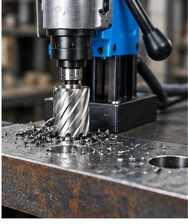 Magnetic drill with an annular cutter working on steel plate