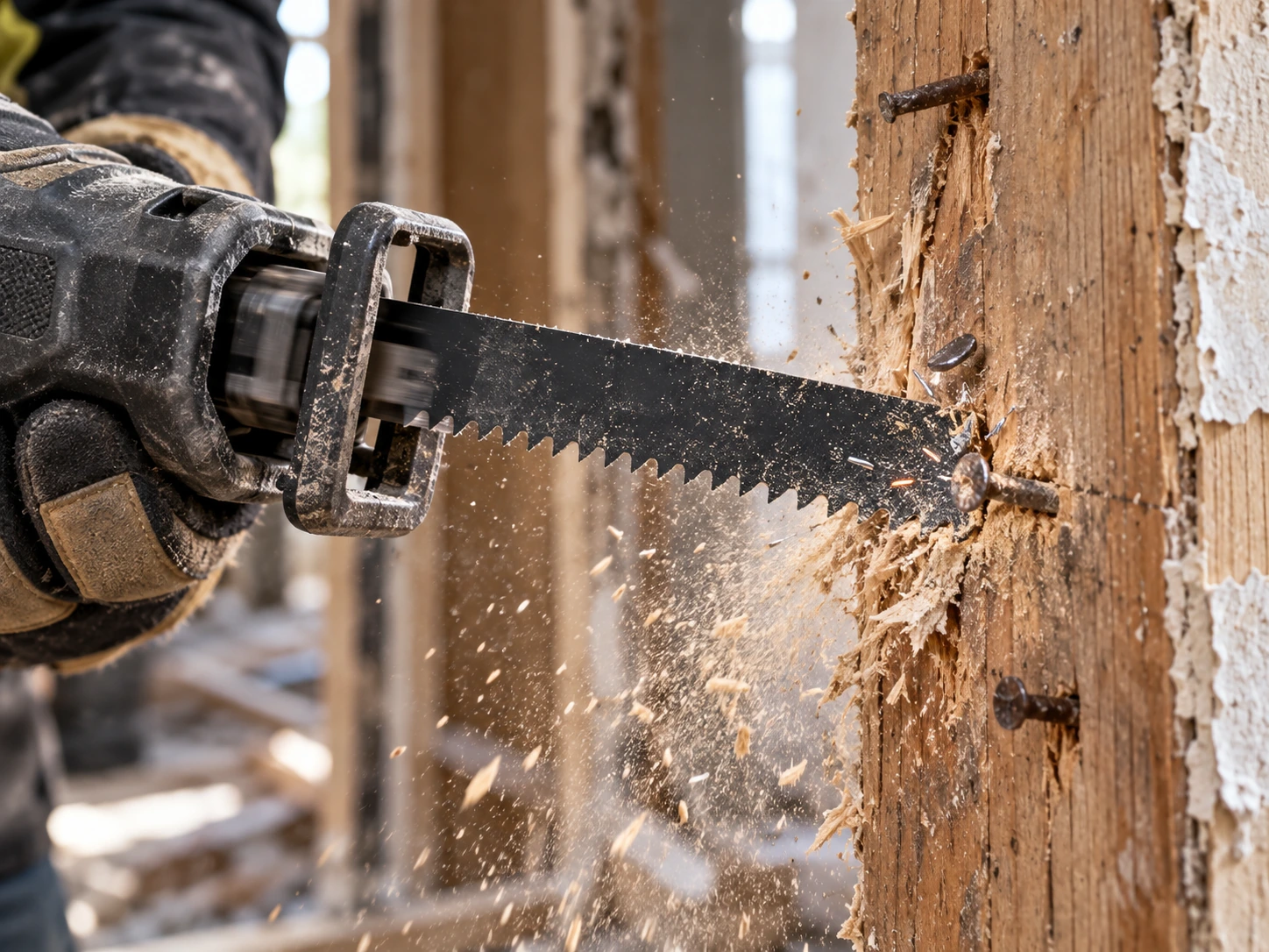 Reciprocating saw blade in a nail-embedded timber cutting scene