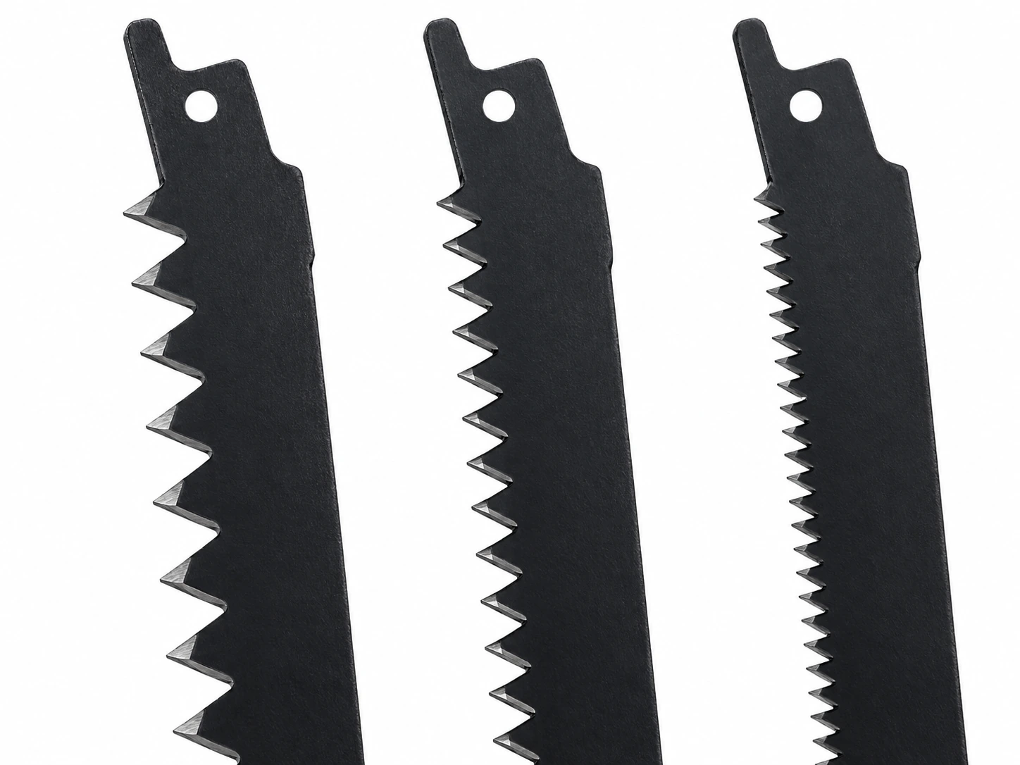 Close-up of three reciprocating saw blades with progressively finer tooth spacing