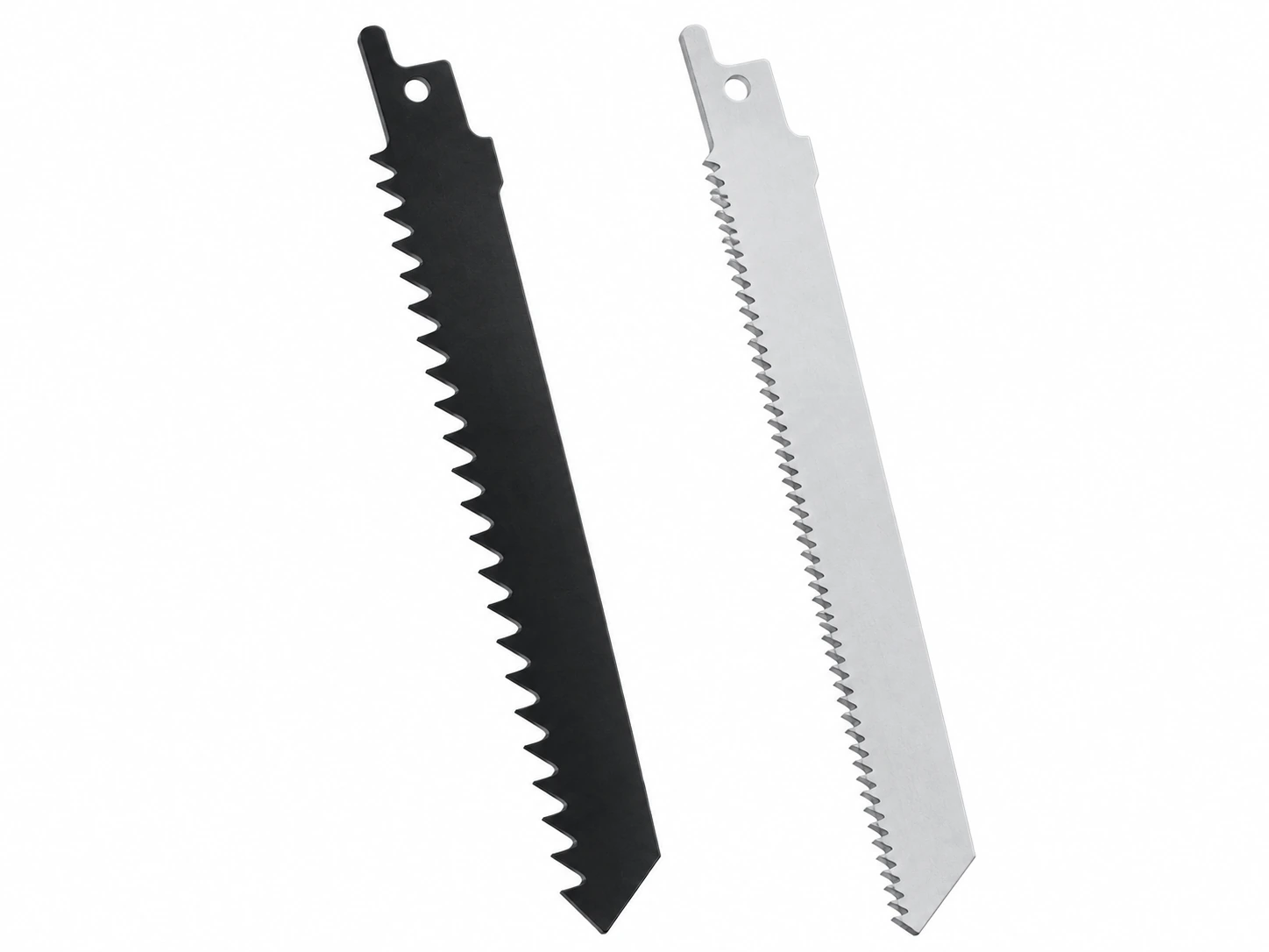 Coarse-tooth wood blade beside a finer-tooth metal blade with visible tooth geometry