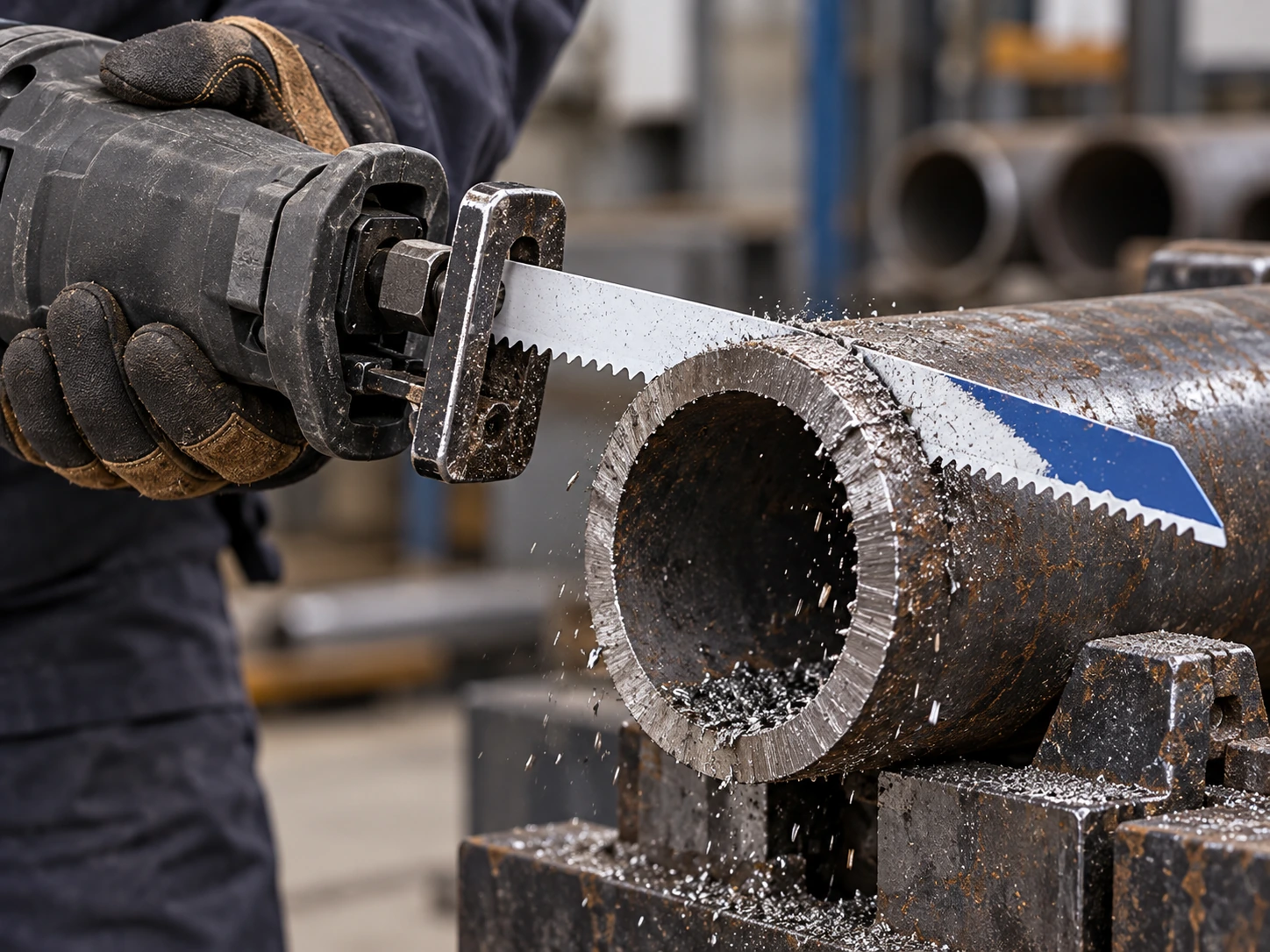 Reciprocating saw blade cutting a thicker-wall round metal tube