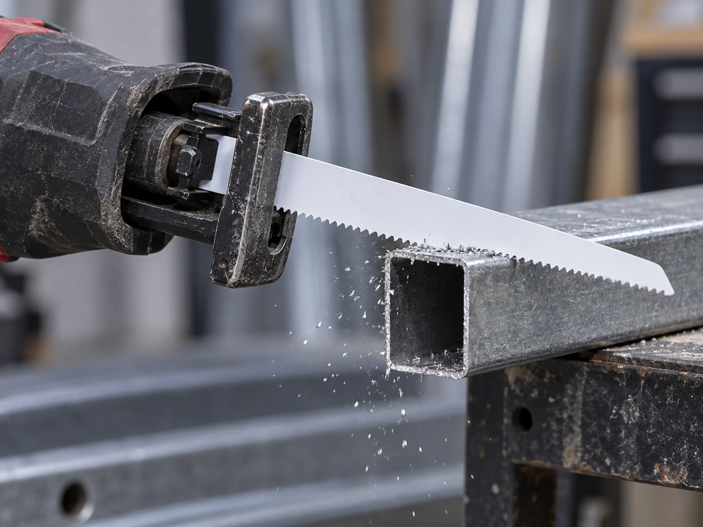 Reciprocating saw blade cutting a thin-wall square metal tube