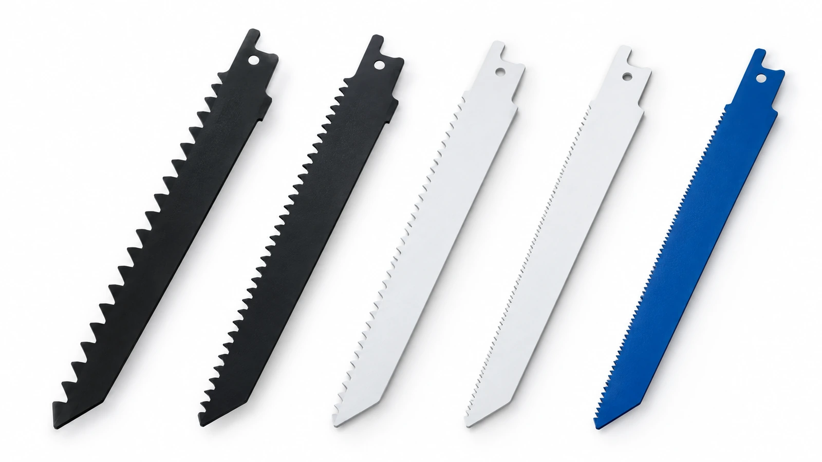Reciprocating saw blades with coarse and fine tooth pitches and complete connection ends