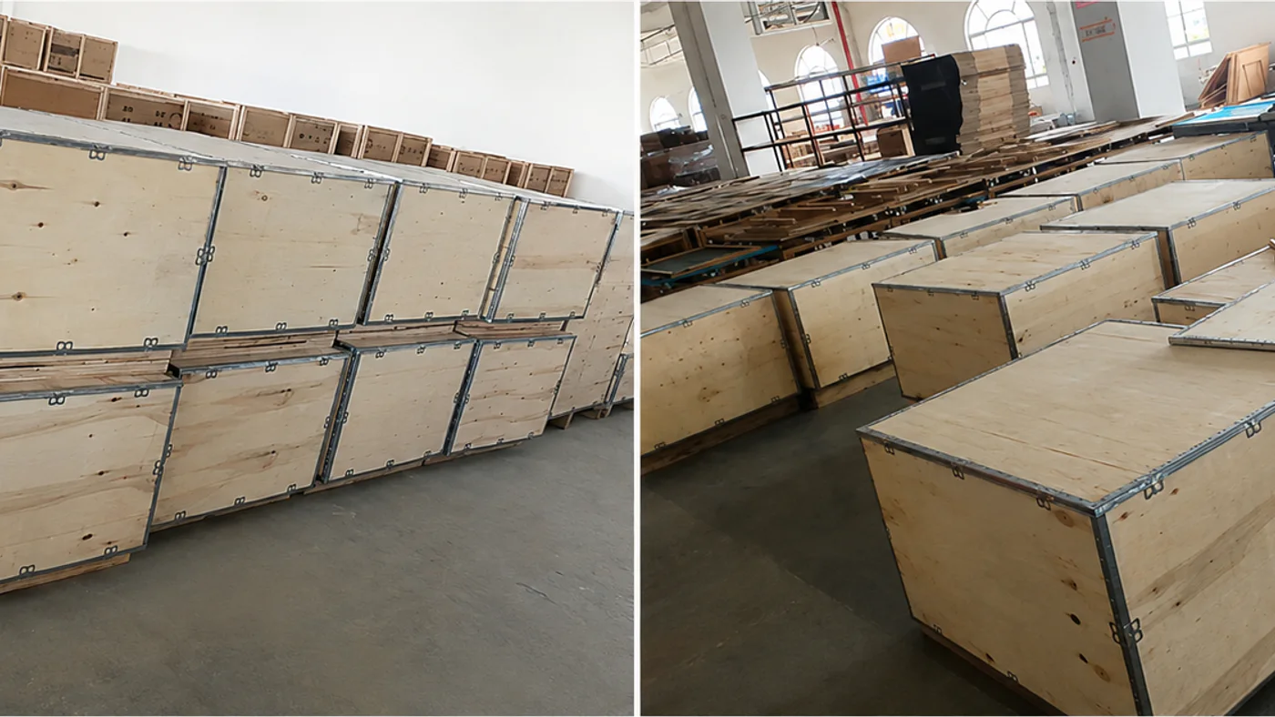 Magnetic drill machines packed in reinforced plywood cases for international shipping