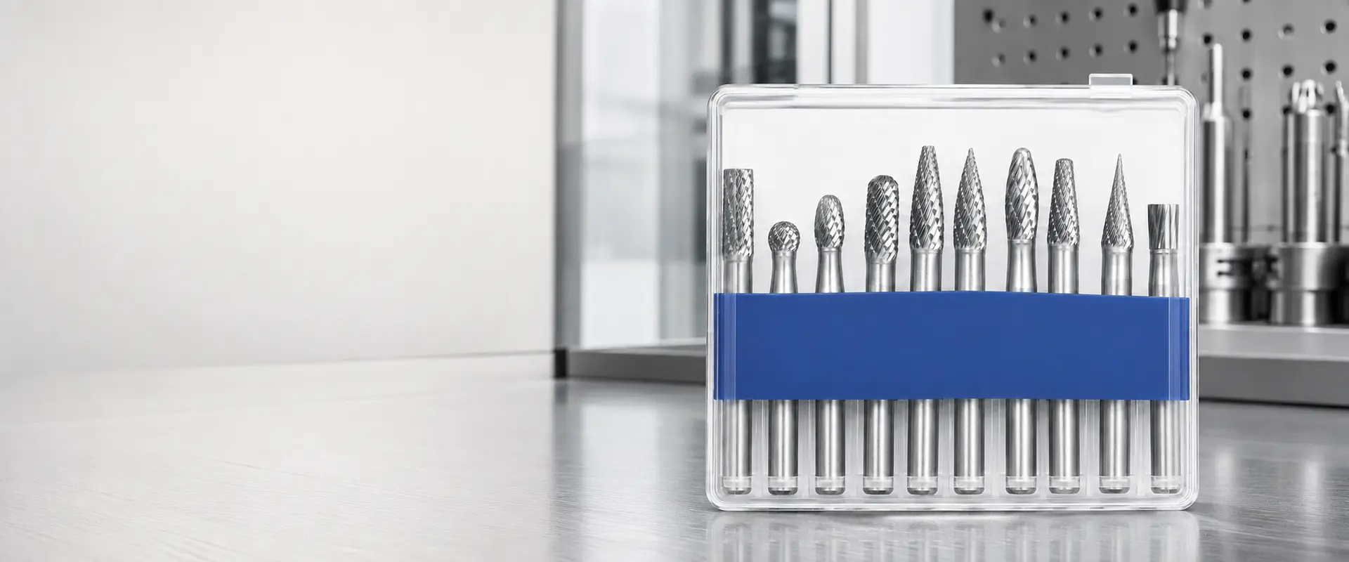 Assorted carbide burrs displayed in a protective set case