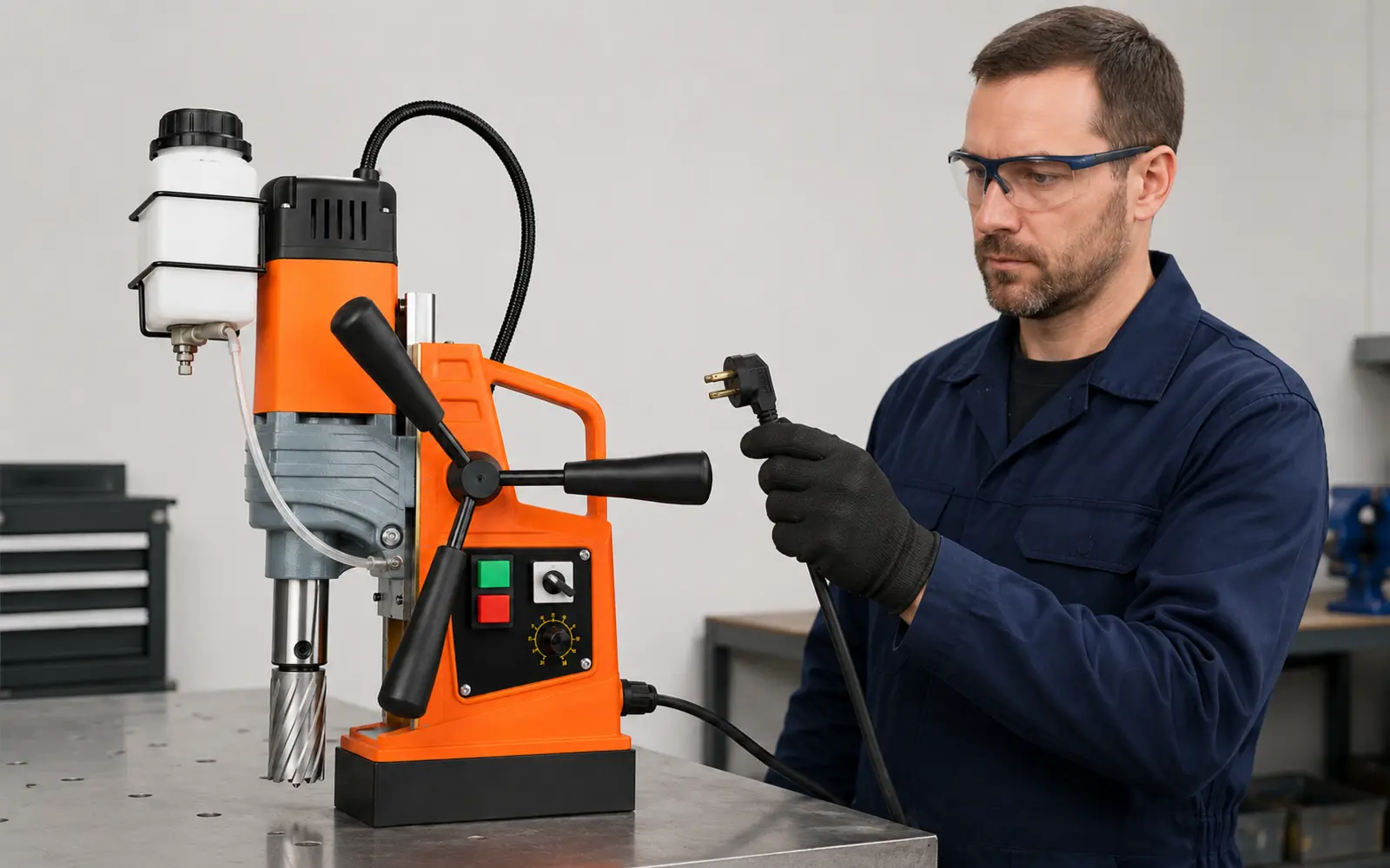 Operator isolating power before servicing the AX8840 magnetic drill