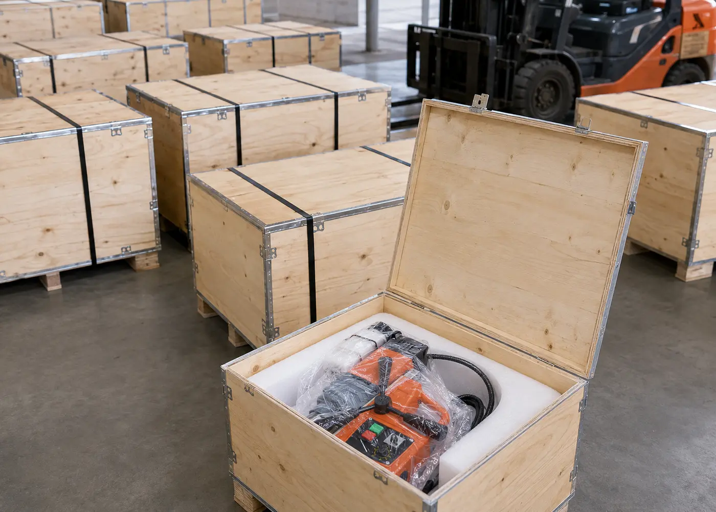 Magnetic drill machines packed in reinforced plywood cases for international shipping