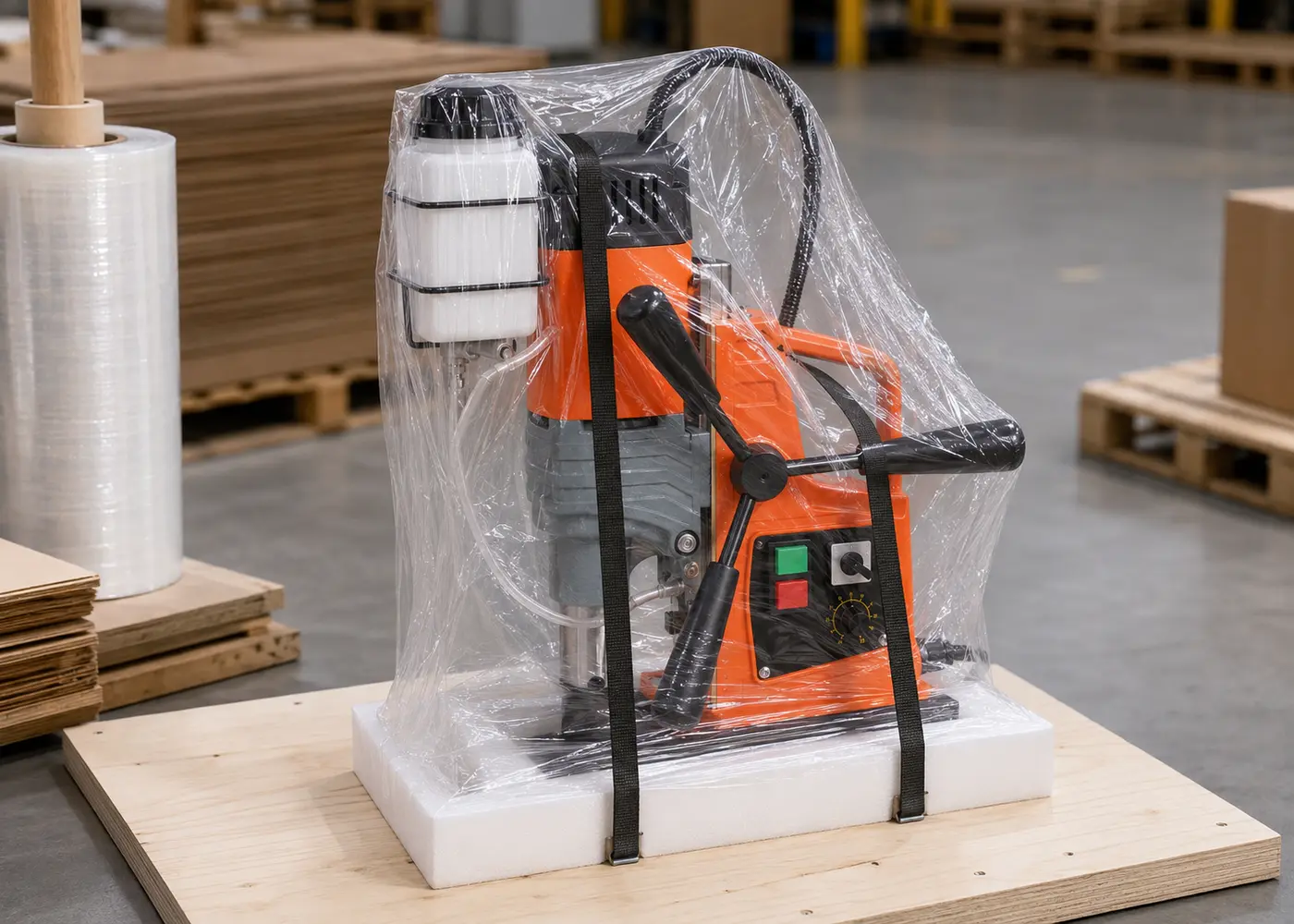 AX8840 magnetic drill secured with protective wrapping for shipping