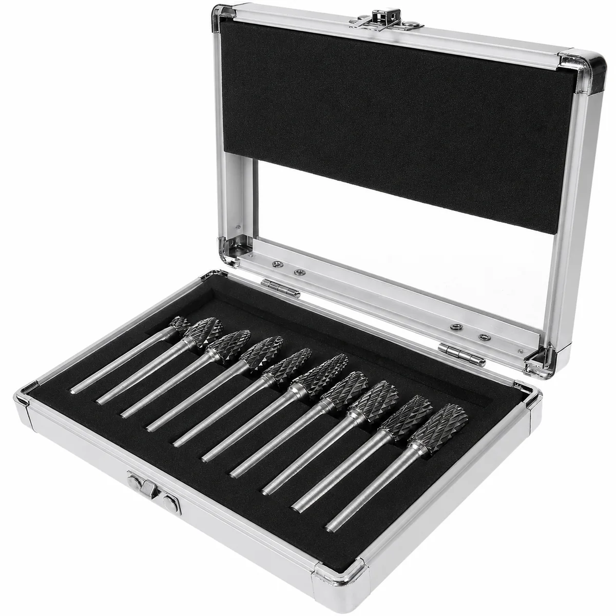 Carbide burr assortment in a protective presentation case