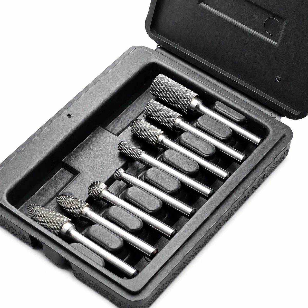 Carbide burr assortment in a black protective case