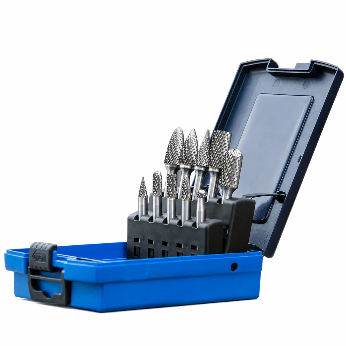 Carbide burr assortment in a protective blue tool case
